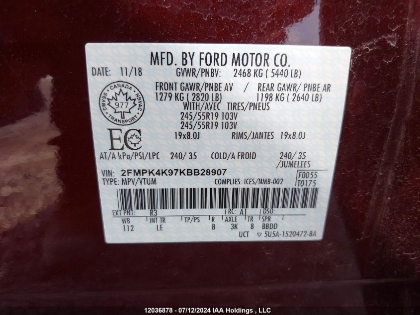 2019 Ford Edge VIN: 2FMPK4K97KBB28907 Lot: 12036878