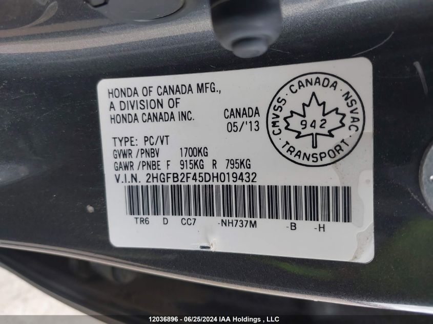 2013 Honda Civic Sdn VIN: 2HGFB2F45DH019432 Lot: 12036896