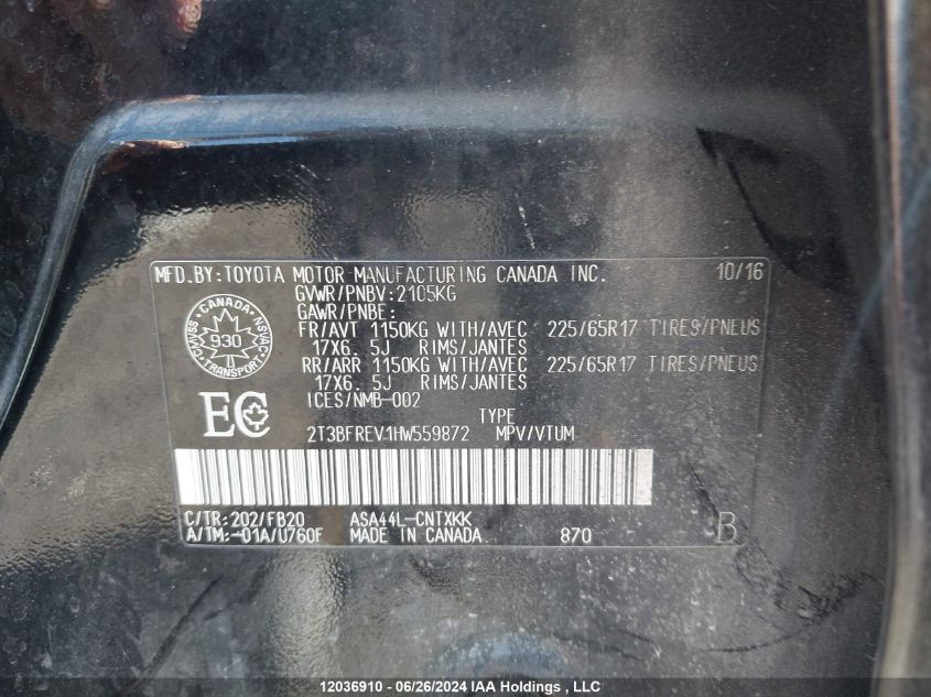 2017 Toyota Rav4 Le VIN: 2T3BFREV1HW559872 Lot: 12036910