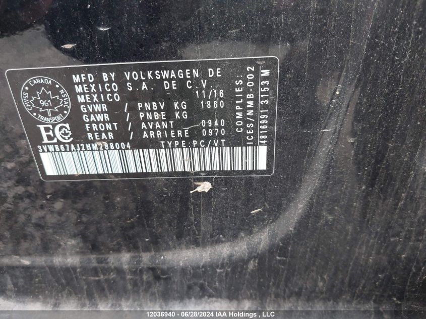 2017 Volkswagen Jetta Sedan VIN: 3VWB67AJ2HM288004 Lot: 12036940