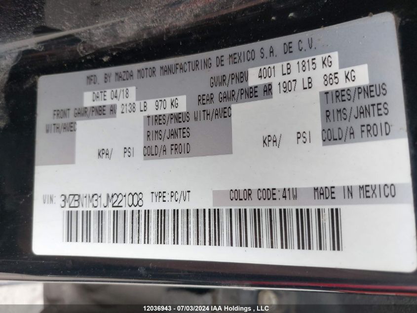 2018 Mazda Mazda3 Sport VIN: 3MZBN1M31JM221008 Lot: 12036943