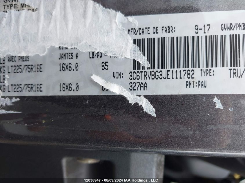 2018 Ram Promaster 1500 1500 High VIN: 3C6TRVBG3JE111782 Lot: 12036947