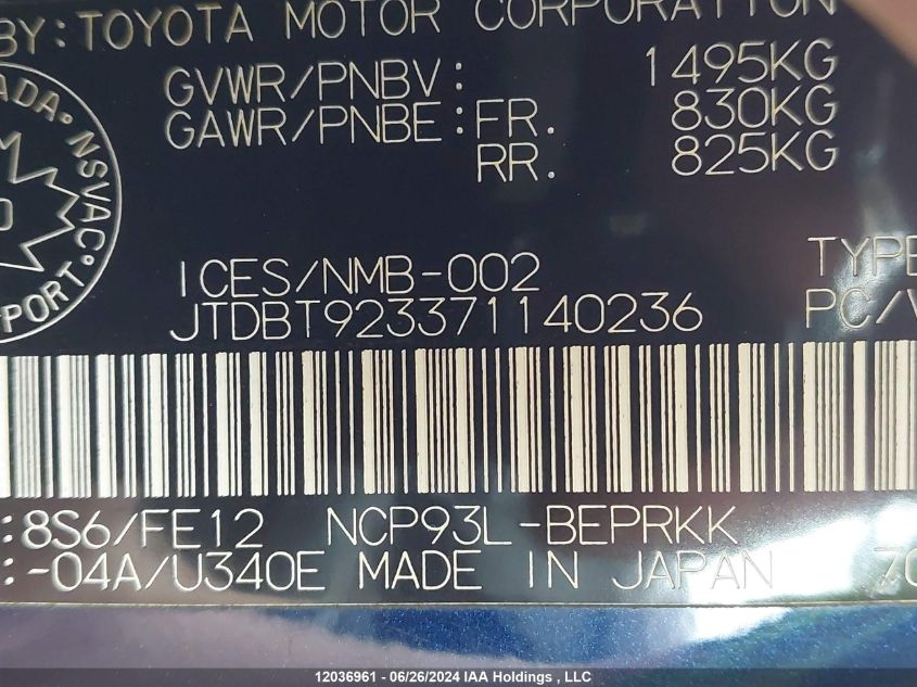 2007 Toyota Yaris VIN: JTDBT923371140236 Lot: 12036961