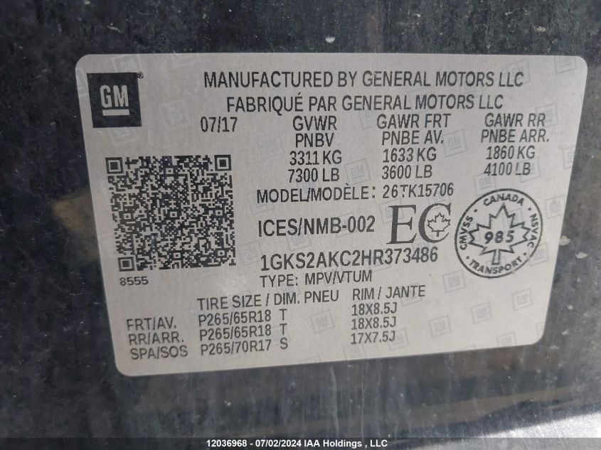 2017 GMC Yukon VIN: 1GKS2AKC2HR373486 Lot: 12036968