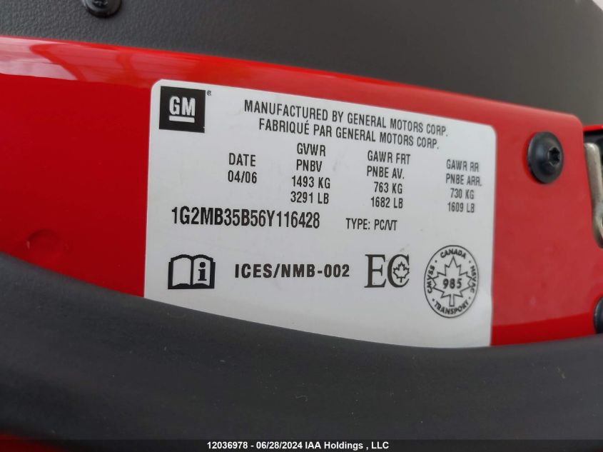 2006 Pontiac Solstice VIN: 1G2MB35B56Y116428 Lot: 12036978