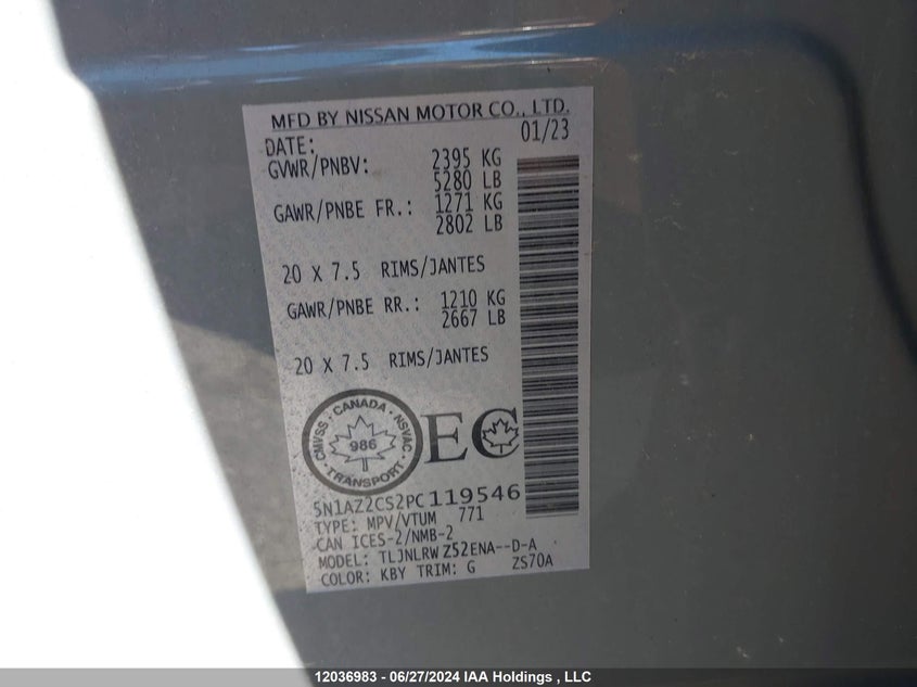 2023 Nissan Murano VIN: 5N1AZ2CS2PC119546 Lot: 12036983