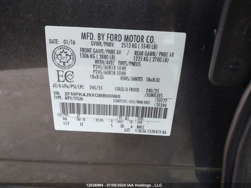 2016 Ford Edge Sel VIN: 2FMPK4J9XGBB00995 Lot: 12036994