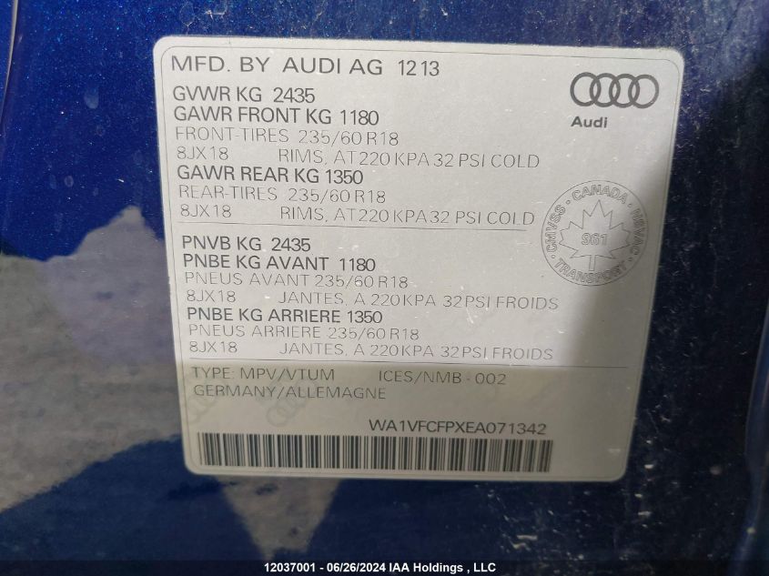 2014 Audi Q5 VIN: WA1VFCFPXEA071342 Lot: 12037001