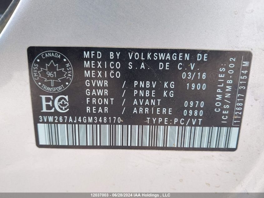 2016 Volkswagen Jetta Sedan VIN: 3VW267AJ4GM348170 Lot: 12037003