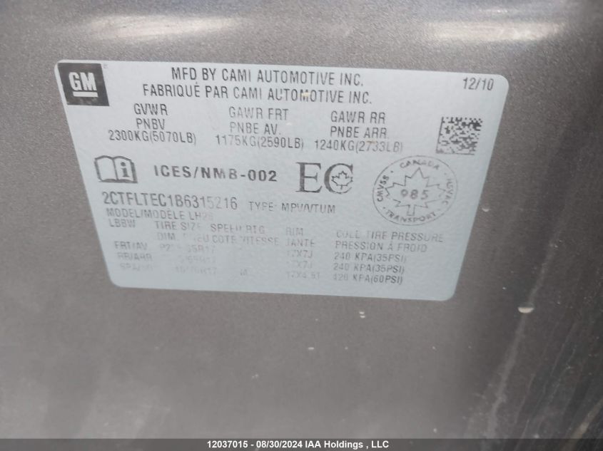 2011 GMC Terrain VIN: 2CTFLTEC1B6315216 Lot: 12037015