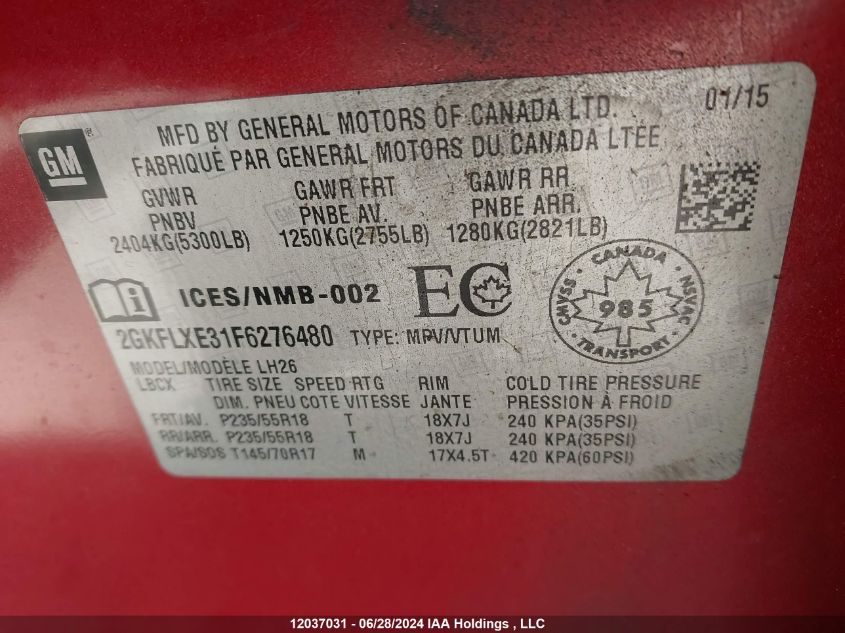 2015 GMC Terrain VIN: 2GKFLXE31F6276480 Lot: 12037031