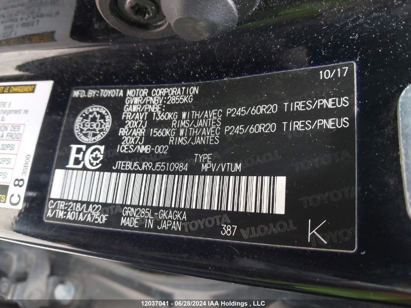 2018 Toyota 4Runner Sr5 VIN: JTEBU5JR9J5510984 Lot: 12037041