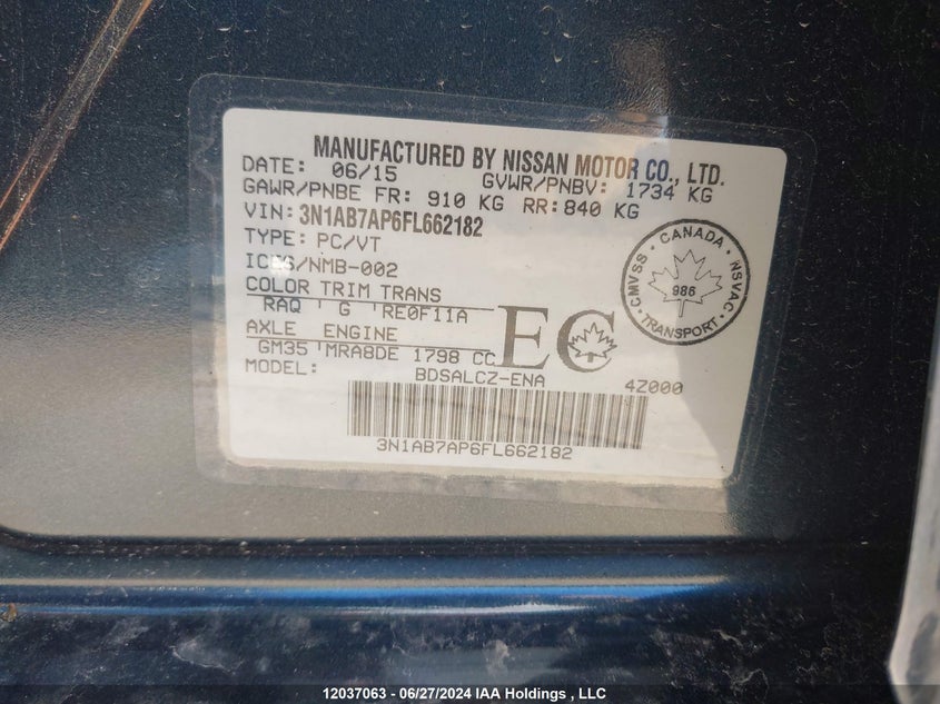 2015 Nissan Sentra S/Sv/Sr/Sl VIN: 3N1AB7AP6FL662182 Lot: 12037063