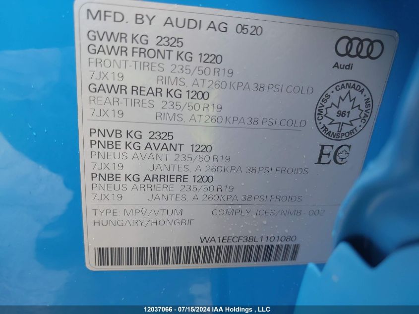 2020 Audi Q3 Premium Plus S-Line VIN: WA1EECF38L1101080 Lot: 12037066