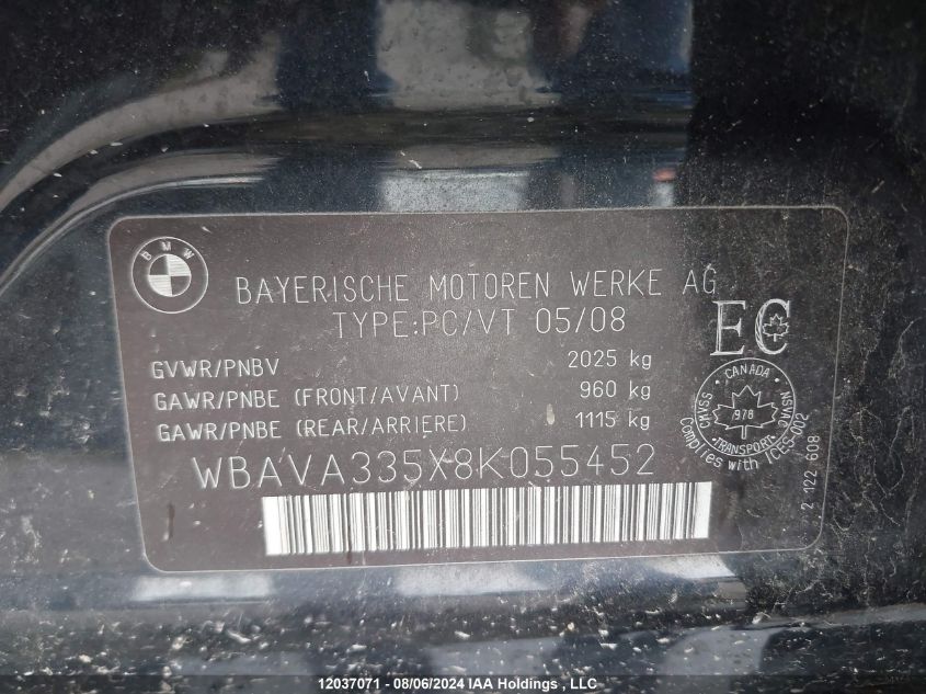 2008 BMW 3 Series VIN: WBAVA335X8K055452 Lot: 12037071