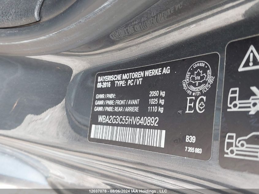 2017 BMW 2 Series VIN: WBA2G3C55HV640892 Lot: 12037078