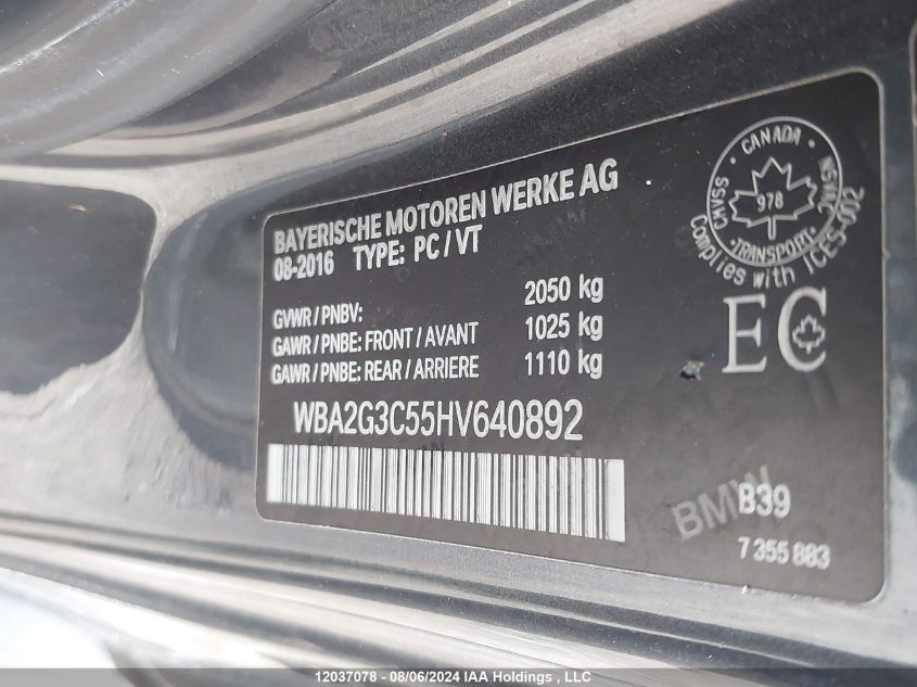 2017 BMW 2 Series VIN: WBA2G3C55HV640892 Lot: 12037078