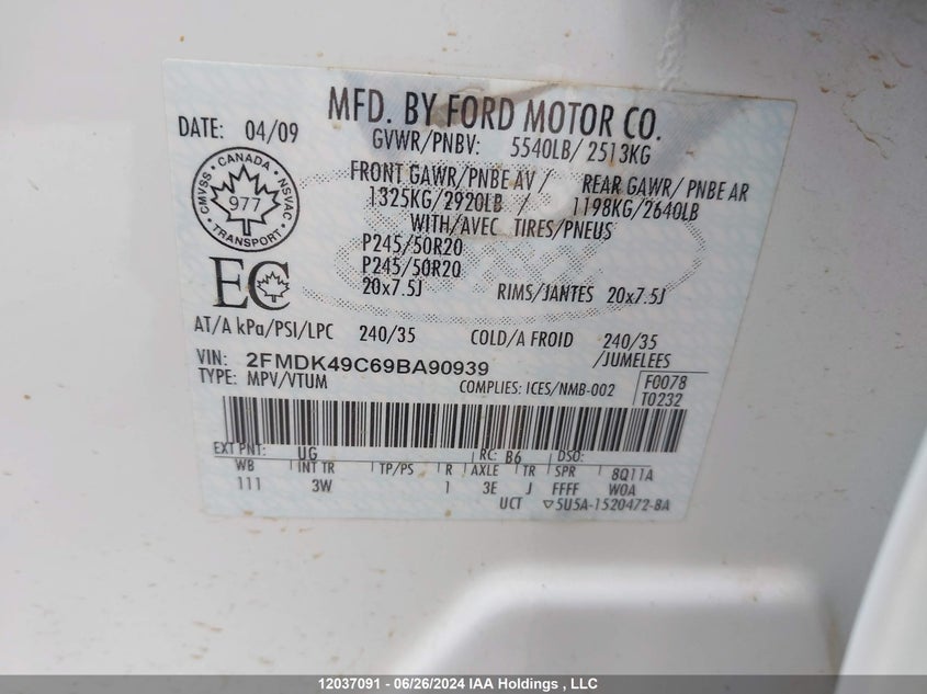 2009 Ford Edge Limited VIN: 2FMDK49C69BA90939 Lot: 12037091