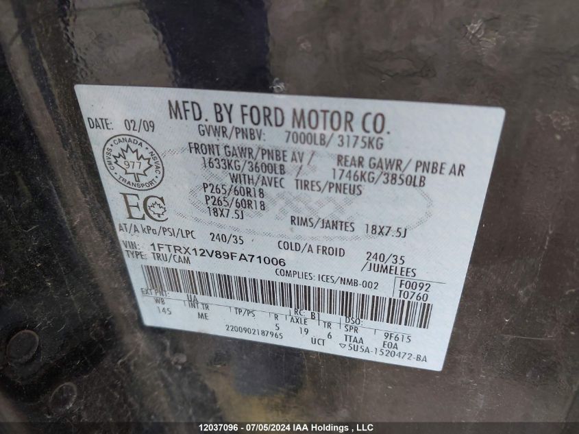 2009 Ford F150 Super Cab VIN: 1FTRX12V89FA71006 Lot: 12037096
