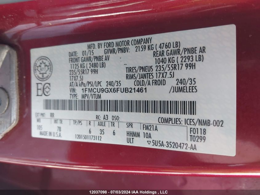 2015 Ford Escape Se VIN: 1FMCU9GX6FUB21461 Lot: 12037098