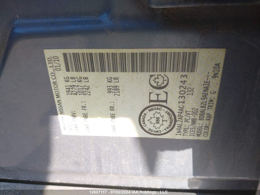 2010 Nissan Altima 2.5 S VIN: 1N4AL2AP4AC130243 Lot: 12037117