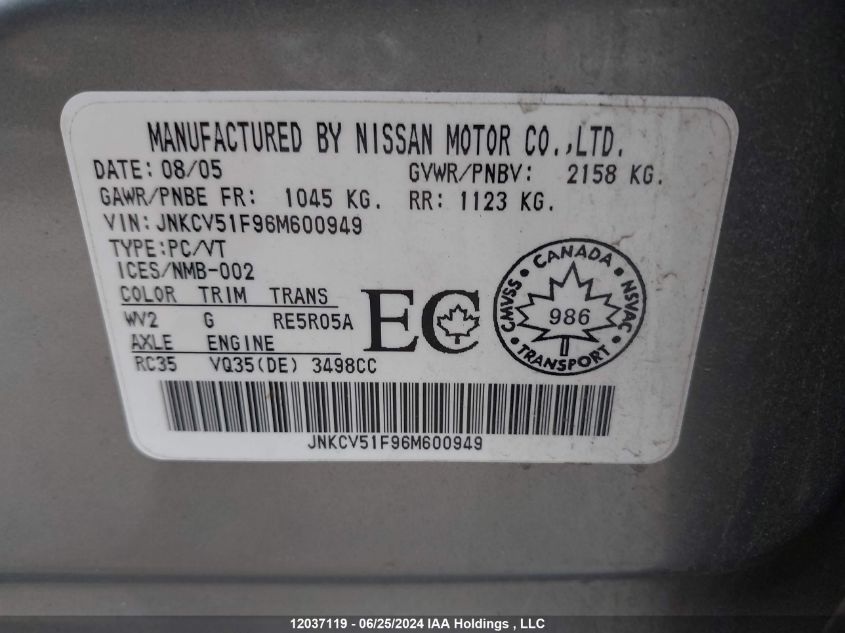 JNKCV51F96M600949 2006 Infiniti G35