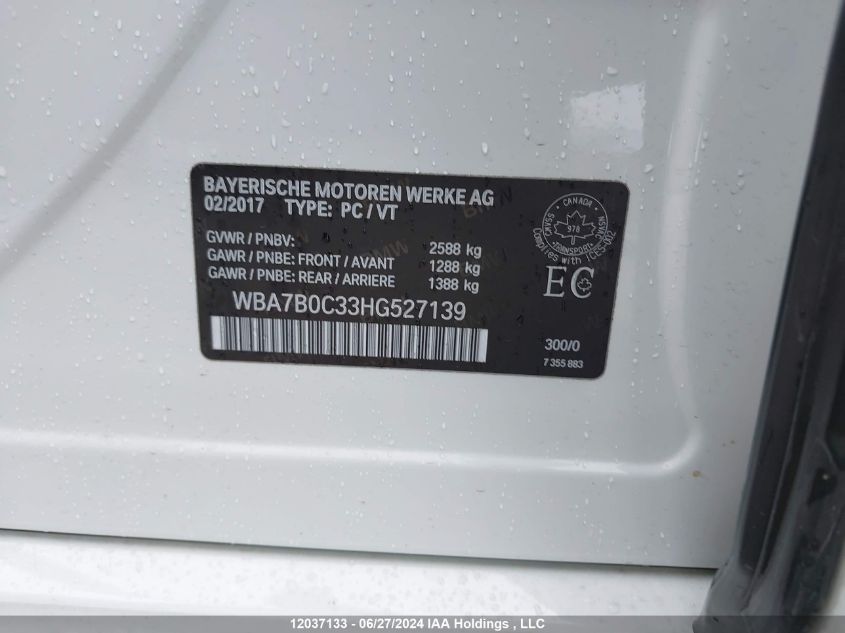 2017 BMW 7 Series VIN: WBA7B0C33HG527139 Lot: 12037133