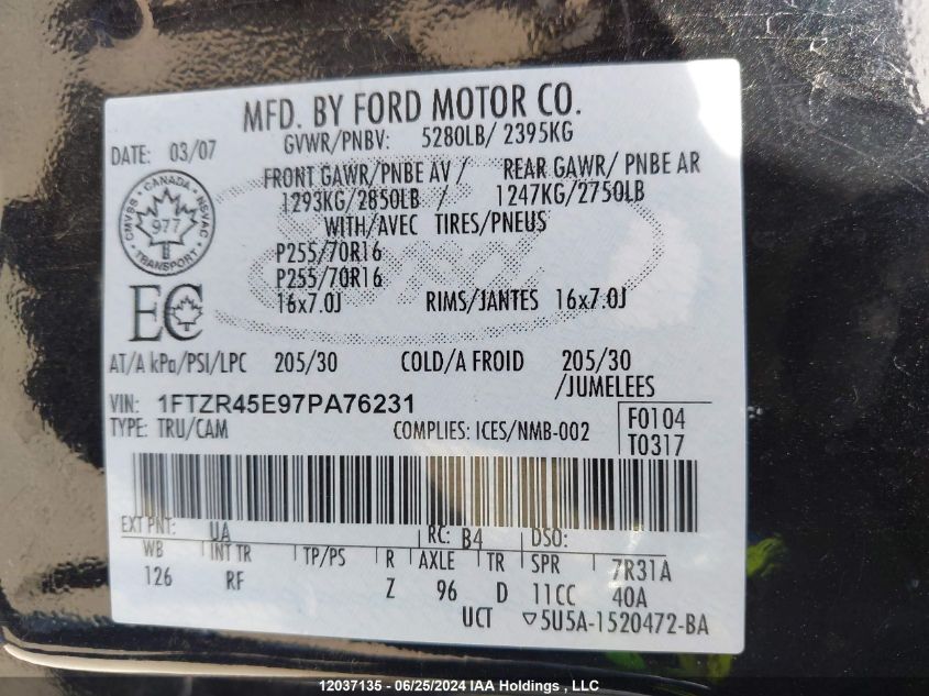 2007 Ford Ranger VIN: 1FTZR45E97PA76231 Lot: 12037135