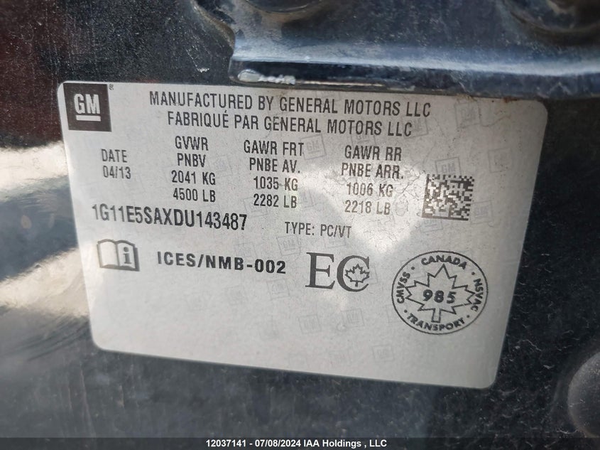 2013 Chevrolet Malibu VIN: 1G11E5SAXDU143487 Lot: 12037141