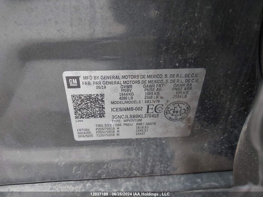 2019 Chevrolet Trax VIN: 3GNCJLSB9KL370418 Lot: 12037169