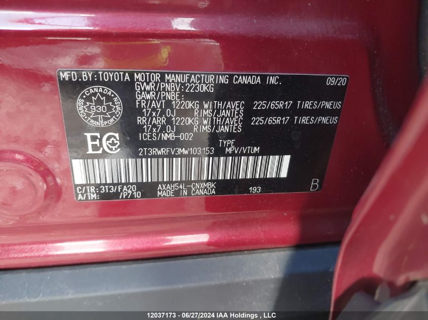 2021 Toyota Rav4 Hybrid Xle VIN: 2T3RWRFV3MW103153 Lot: 12037173