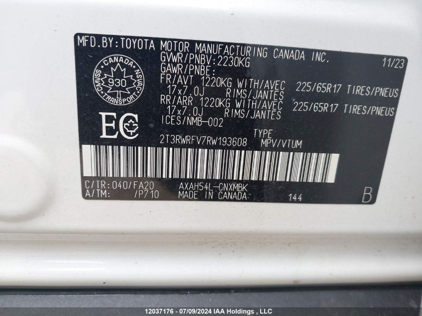 2024 Toyota Rav4 Hybrid Xle VIN: 2T3RWRFV7RW193608 Lot: 12037176