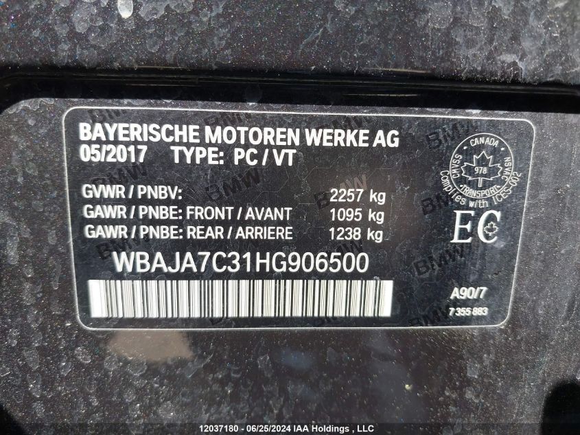 2017 BMW 5 Series VIN: WBAJA7C31HG906500 Lot: 12037180