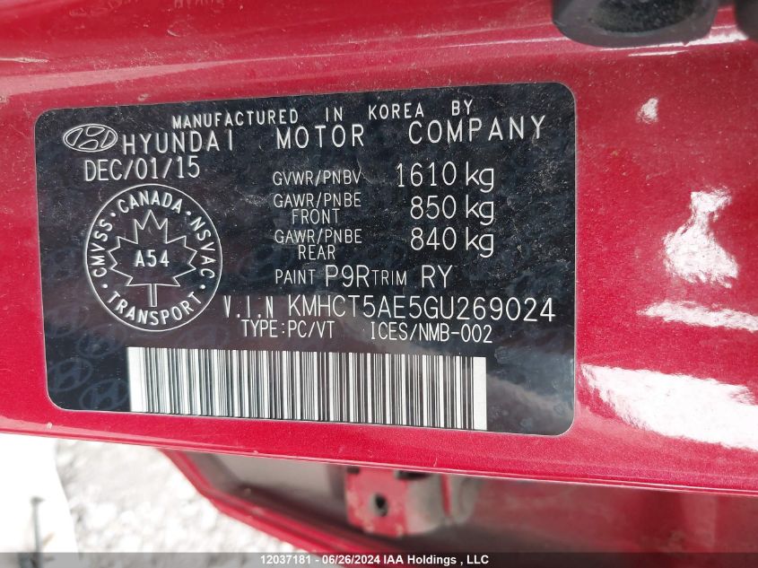 2016 Hyundai Accent Le VIN: KMHCT5AE5GU269024 Lot: 12037181