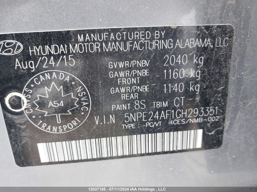 2016 Hyundai Sonata Gls VIN: 5NPE24AF1GH293351 Lot: 12037185