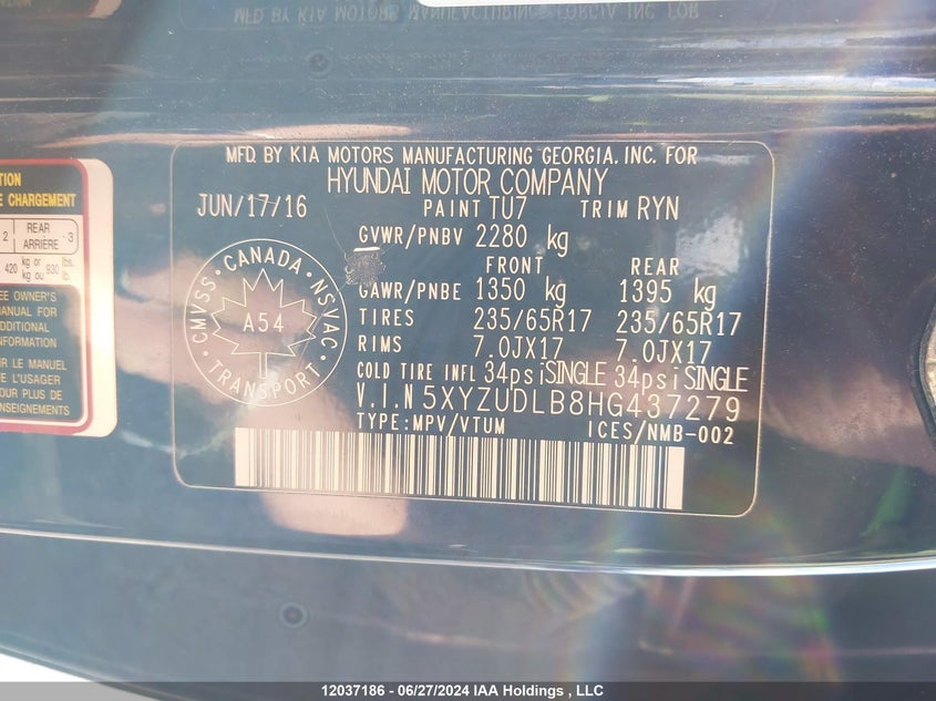 2017 Hyundai Santa Fe Sport 2.4 Premium VIN: 5XYZUDLB8HG437279 Lot: 12037186