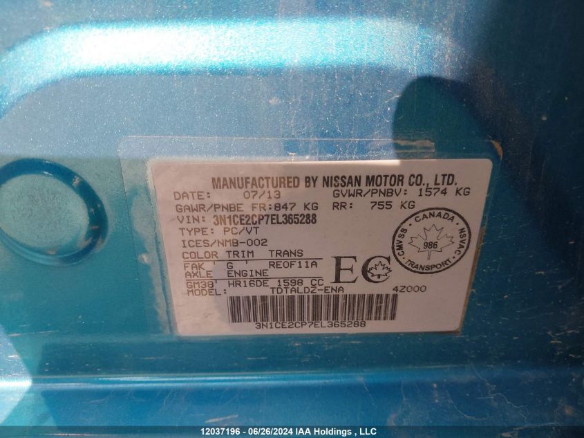 2014 Nissan Versa Note VIN: 3N1CE2CP7EL365288 Lot: 12037196