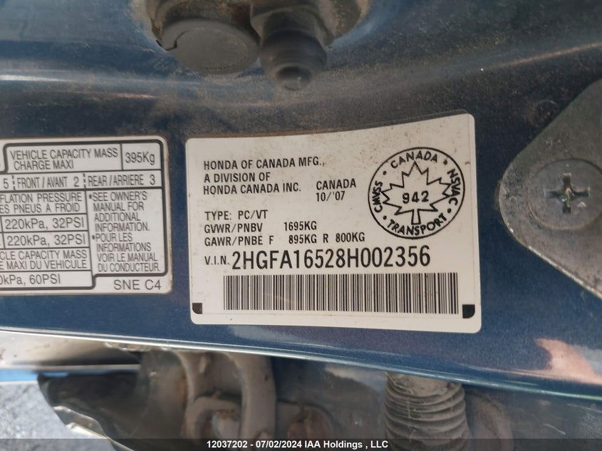 2008 Honda Civic Sdn VIN: 2HGFA16528H002356 Lot: 12037202