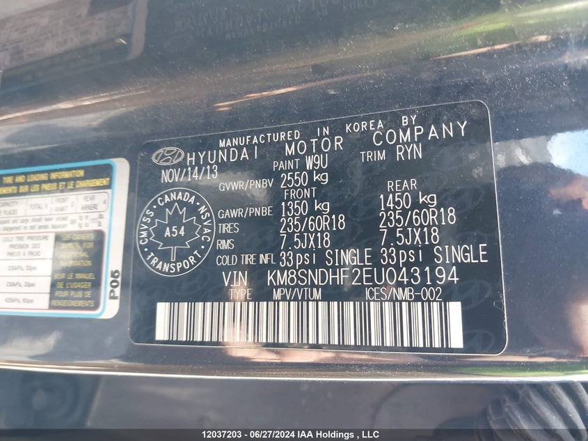 2014 Hyundai Santa Fe Xl Luxury VIN: KM8SNDHF2EU043194 Lot: 12037203