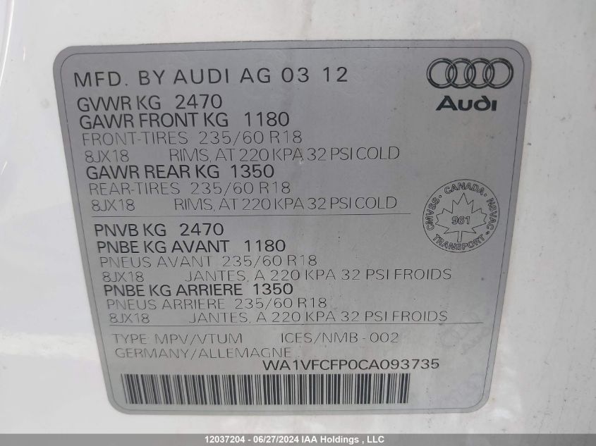 2012 Audi Q5 VIN: WA1VFCFP0CA093735 Lot: 12037204