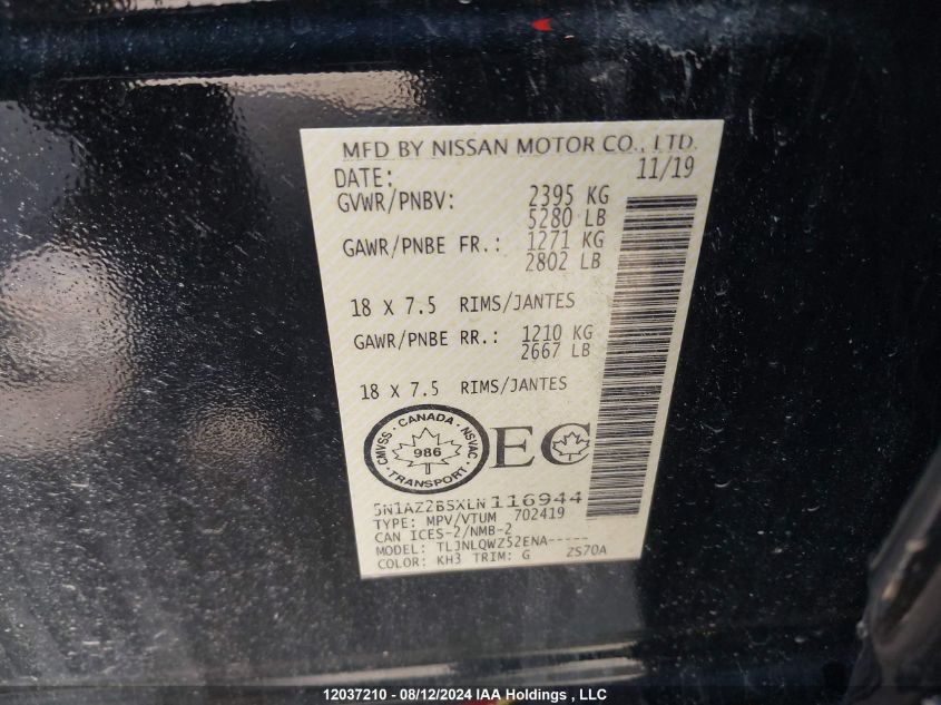 2020 Nissan Murano VIN: 5N1AZ2BSXLN116944 Lot: 12037210