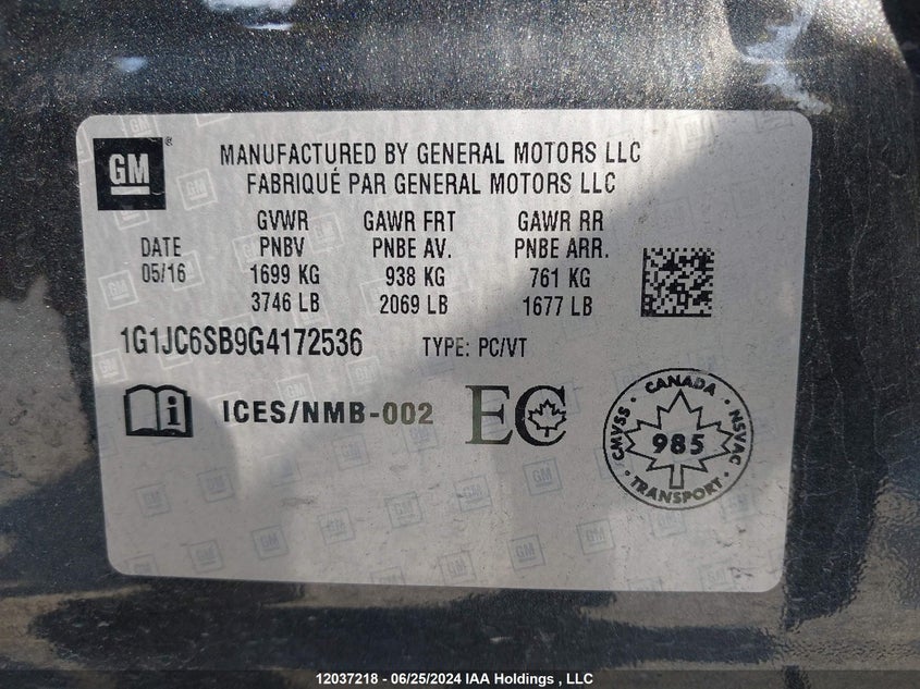 2016 Chevrolet Sonic Lt VIN: 1G1JC6SB9G4172536 Lot: 12037218