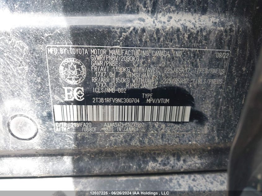 2022 Toyota Rav4 Le VIN: 2T3B1RFV9NC300704 Lot: 12037225