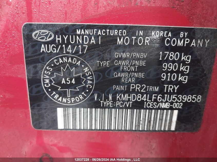 2018 Hyundai Elantra Sel/Value/Limited VIN: KMHD84LF6JU539858 Lot: 12037228