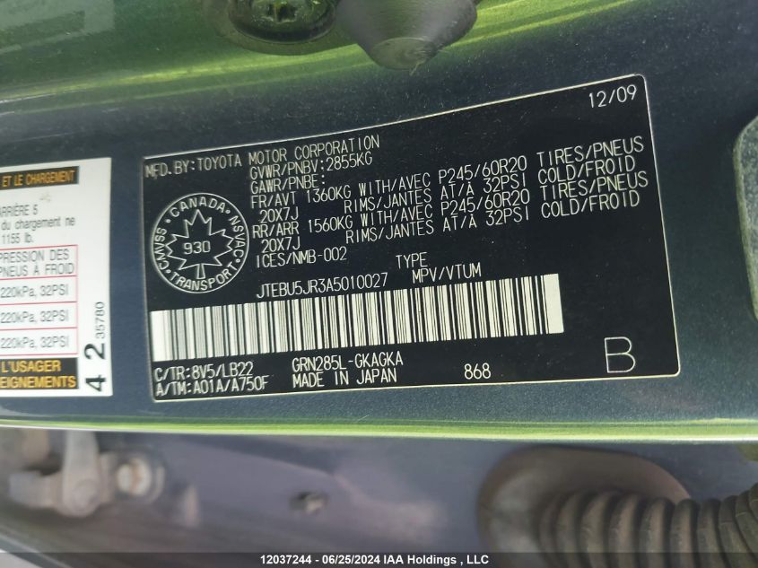 2010 Toyota 4Runner Sr5 V6 VIN: JTEBU5JR3A5010027 Lot: 12037244