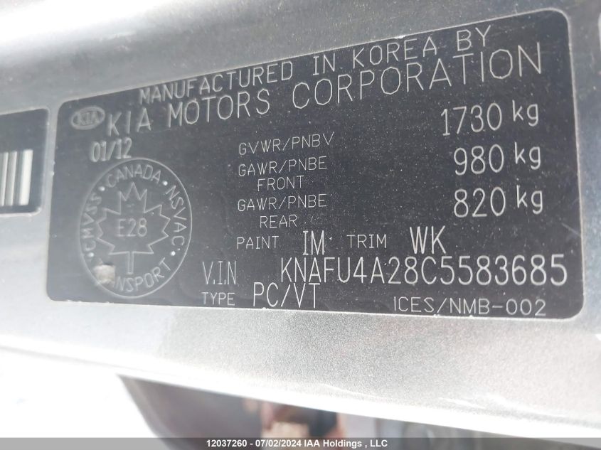2012 Kia Forte VIN: KNAFU4A28C5583685 Lot: 12037260