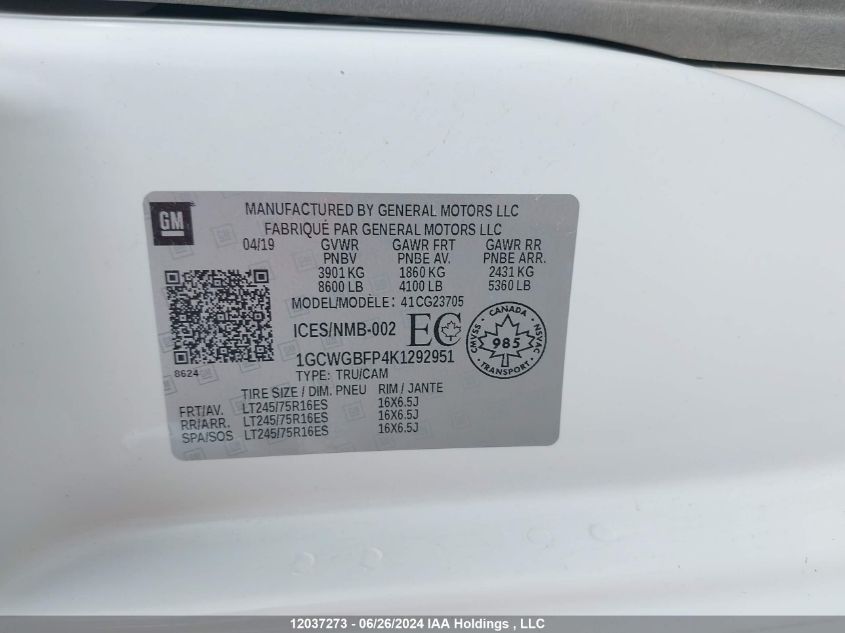 2019 Chevrolet Express Cargo Van VIN: 1GCWGBFP4K1292951 Lot: 12037273