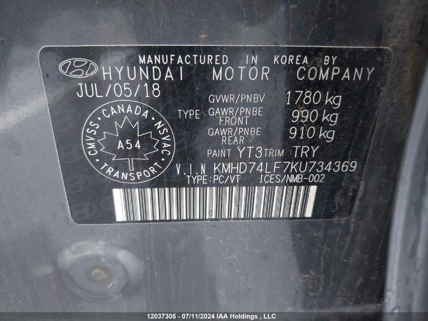 2019 Hyundai Elantra Se VIN: KMHD74LF7KU734369 Lot: 12037305