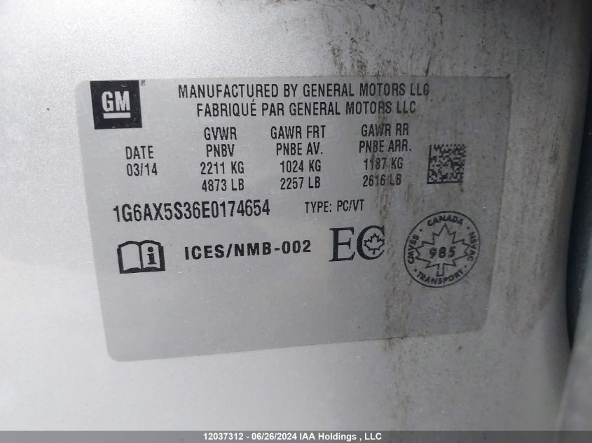 2014 Cadillac Cts VIN: 1G6AX5S36E0174654 Lot: 12037312
