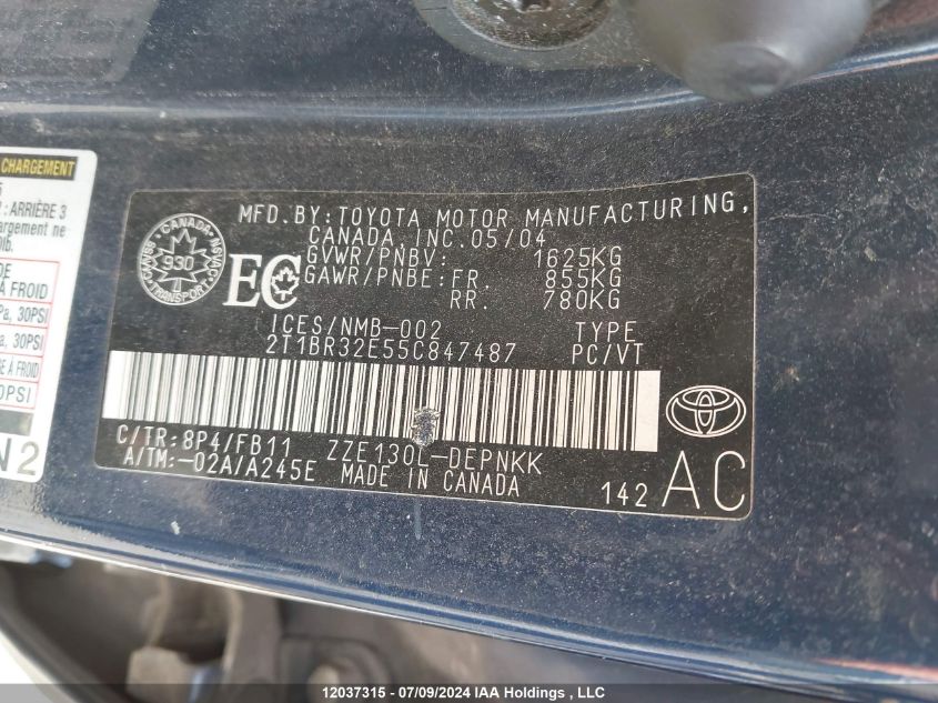 2005 Toyota Corolla Ce/Le/S VIN: 2T1BR32E55C847487 Lot: 12037315